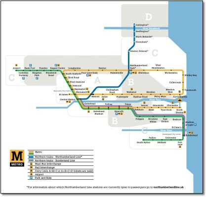 T&W Metro & Ashington PAYG zones map